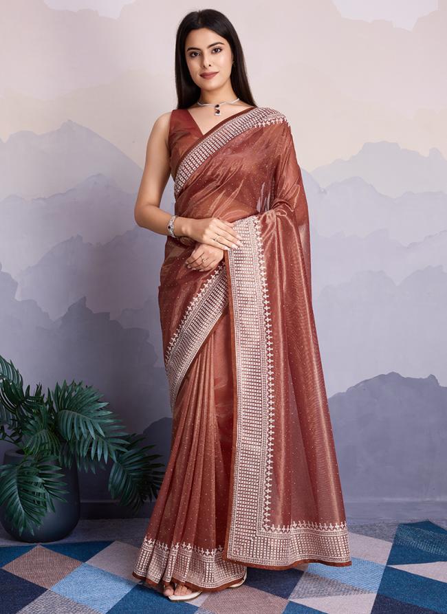 Gold Infused Twill Brown Party Wear Embroidery Work Saree